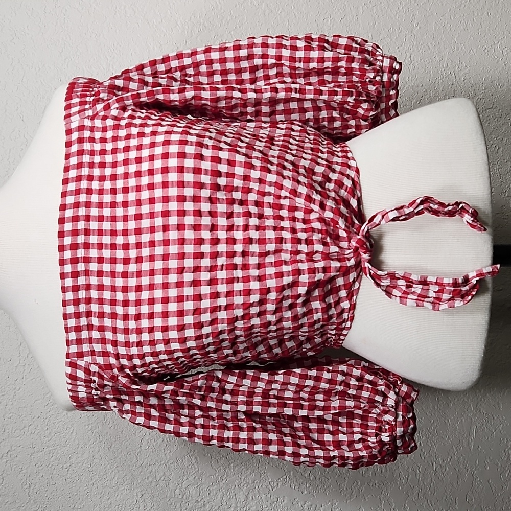 Forever 21 Red & White Checkered Crop Balloon 3/4 Sleeves Top w/Tie @ Waist Sz.S